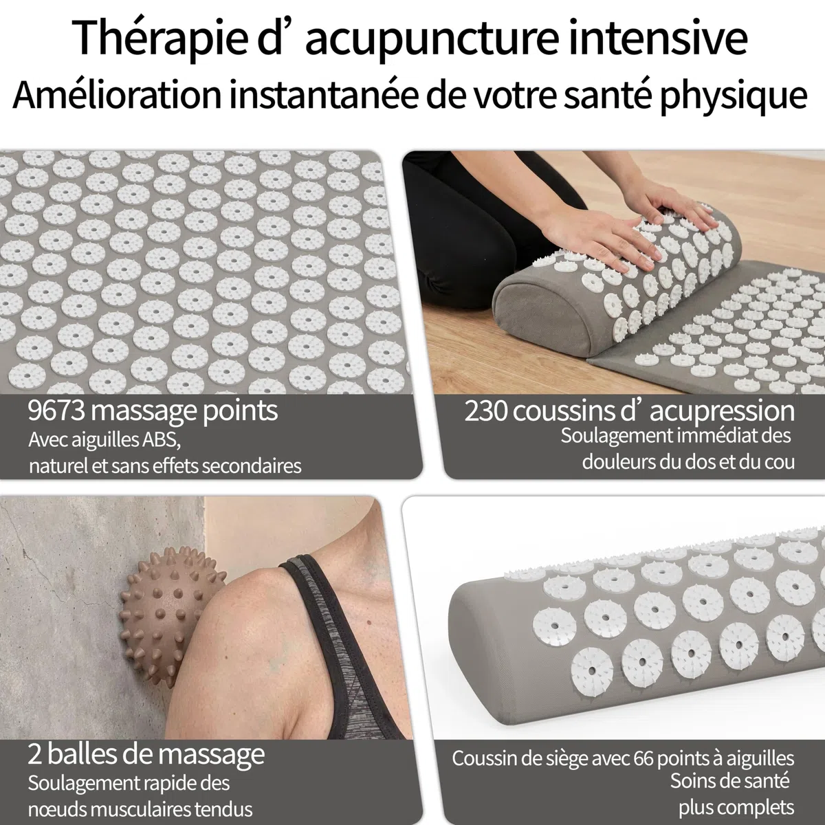 Kit d'acupression, Tapis d'Acupression + Coussin + Boule de Massage, Mal De Dos - Relaxation et Traitement de la Douleur, Soulage douleurs Dos et Cou (Gris)