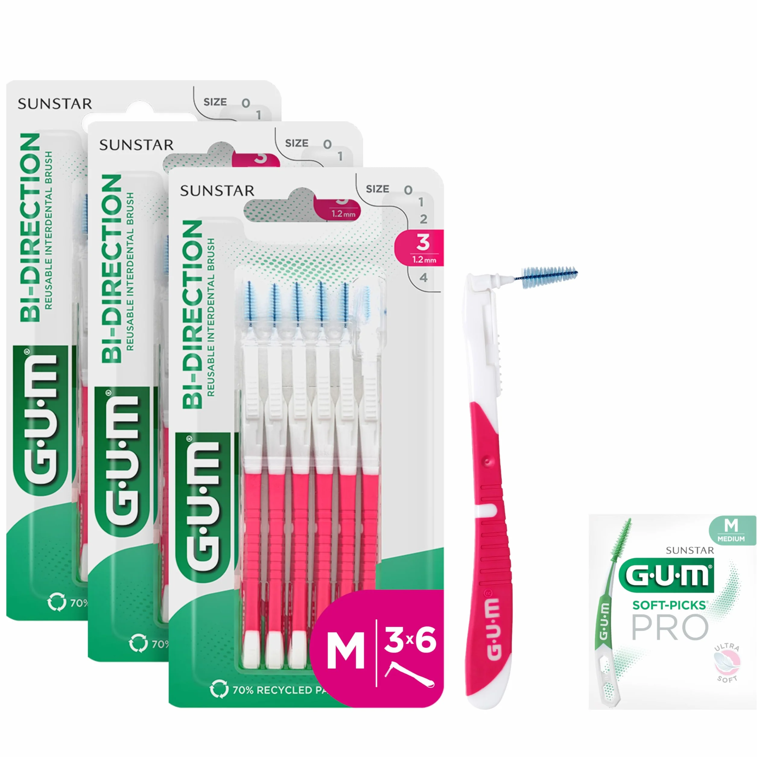 GUM BI-DIRECTION Brossettes interdentaires orientables en 2 positions | Positionnement à 90° | Nettoyage des dents et élimination de la plaque dentaire | 1.2mm, ISO 3 | Taille M | Lot 3x6 + 1 bonus
