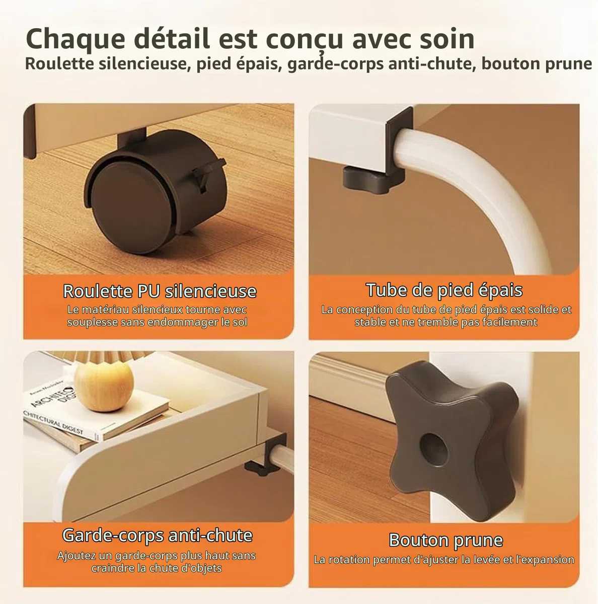 Bureau à roulettes sur Le lit avec roulettes，Table de lit réglable en Hauteur avec pivotantes (Color:Bois)