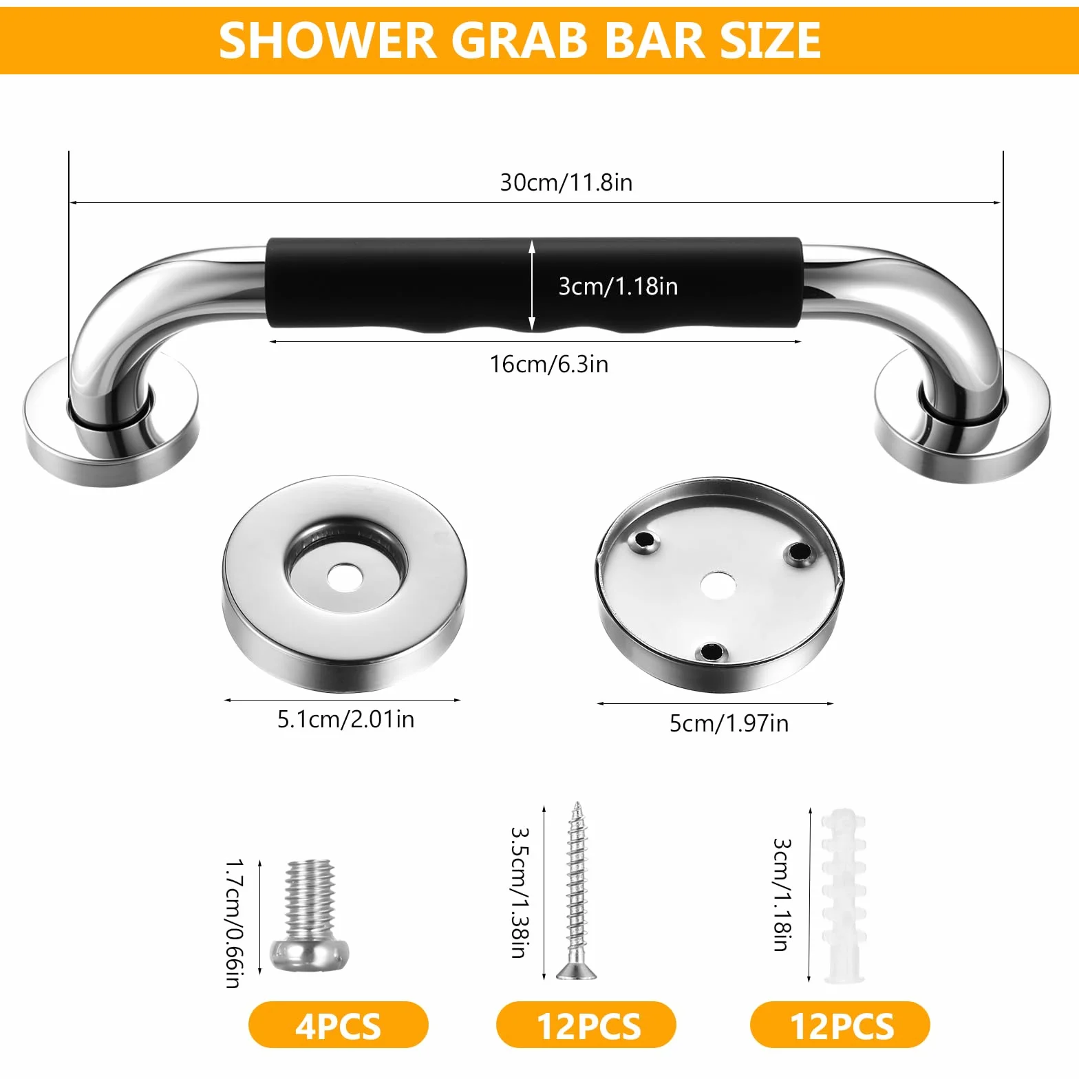 2 Pcs Barre d'Appui WC, Barre de Douche Antidérapante, 30 cm Barres d'appui Salle de Bain, Poignée Douches en Acier Inoxydable, Barres Douche Baignoire pour Toilettes Handicapées Enceinte