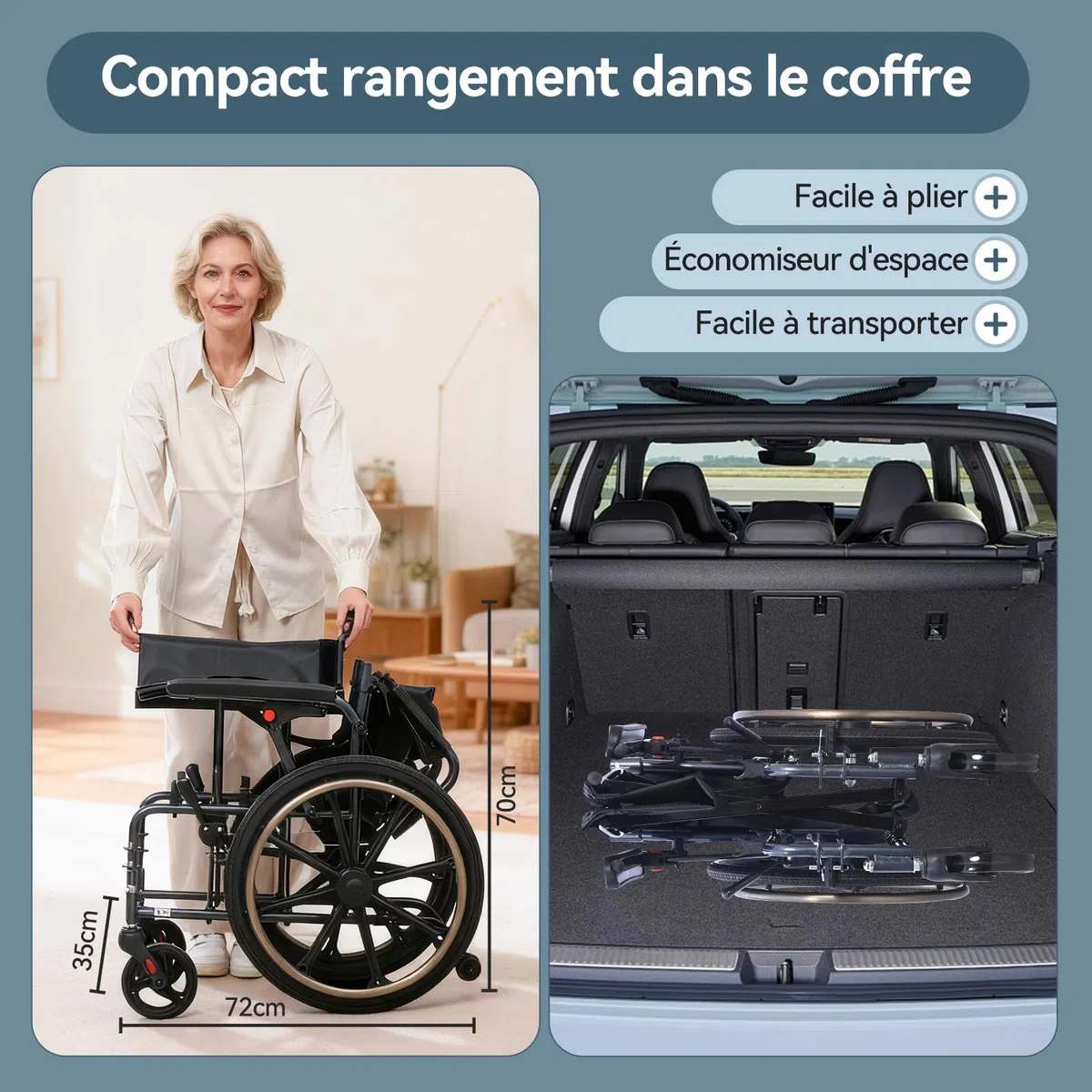 M4 Fauteuil roulant pliable léger avec double rembourrage d'assise, roues avant absorbant les chocs, cadre en aluminium léger, accoudoirs amovibles, pneus en caoutchouc sans entretien