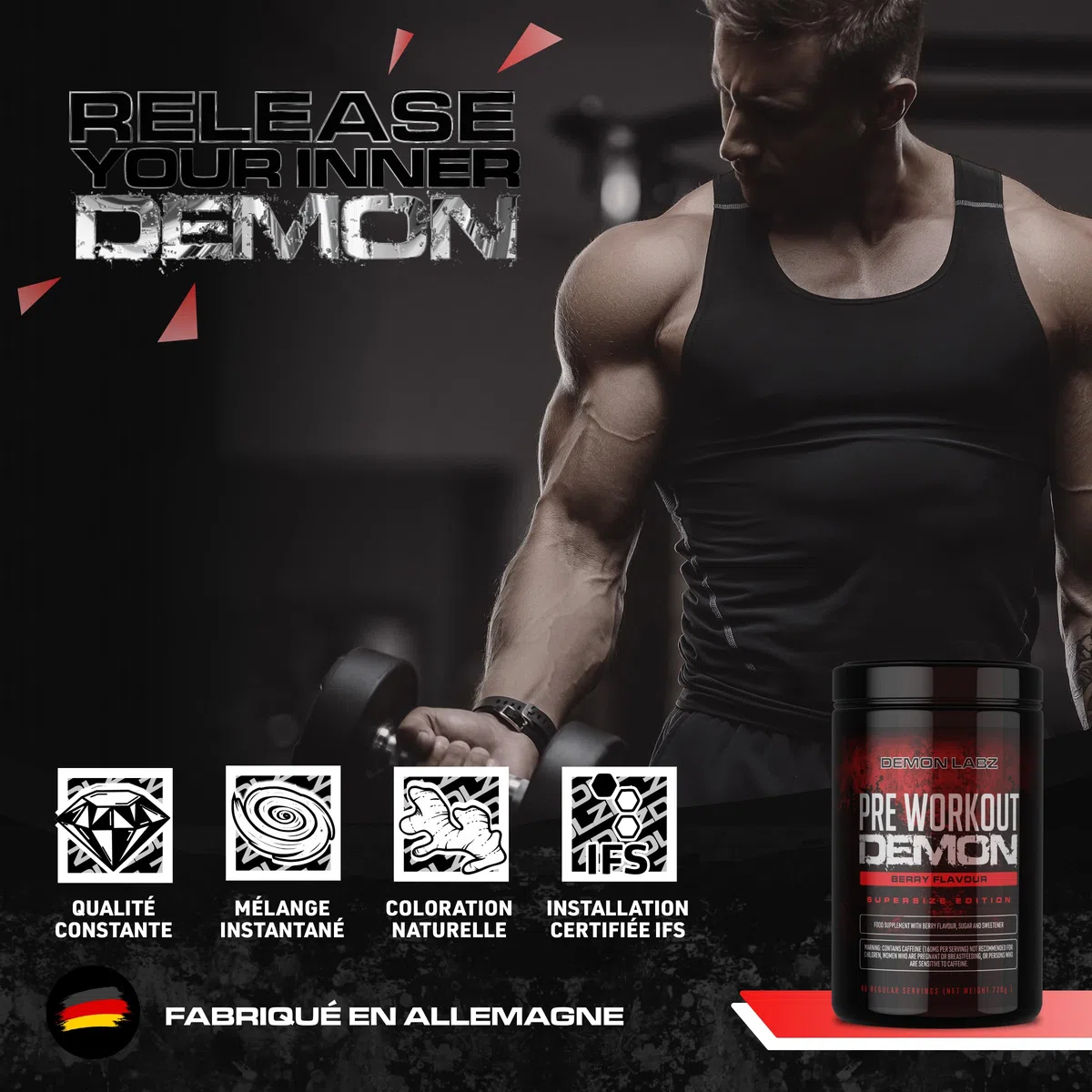 Pre Workout Demon - Pré-Entraînement Créatine (Fruits Rouges, 720g) | Booster pré-entraînement en poudre avec 160mg de caféine par dose, créatine, bêta-alanine, citrulline, glutamine et taurine