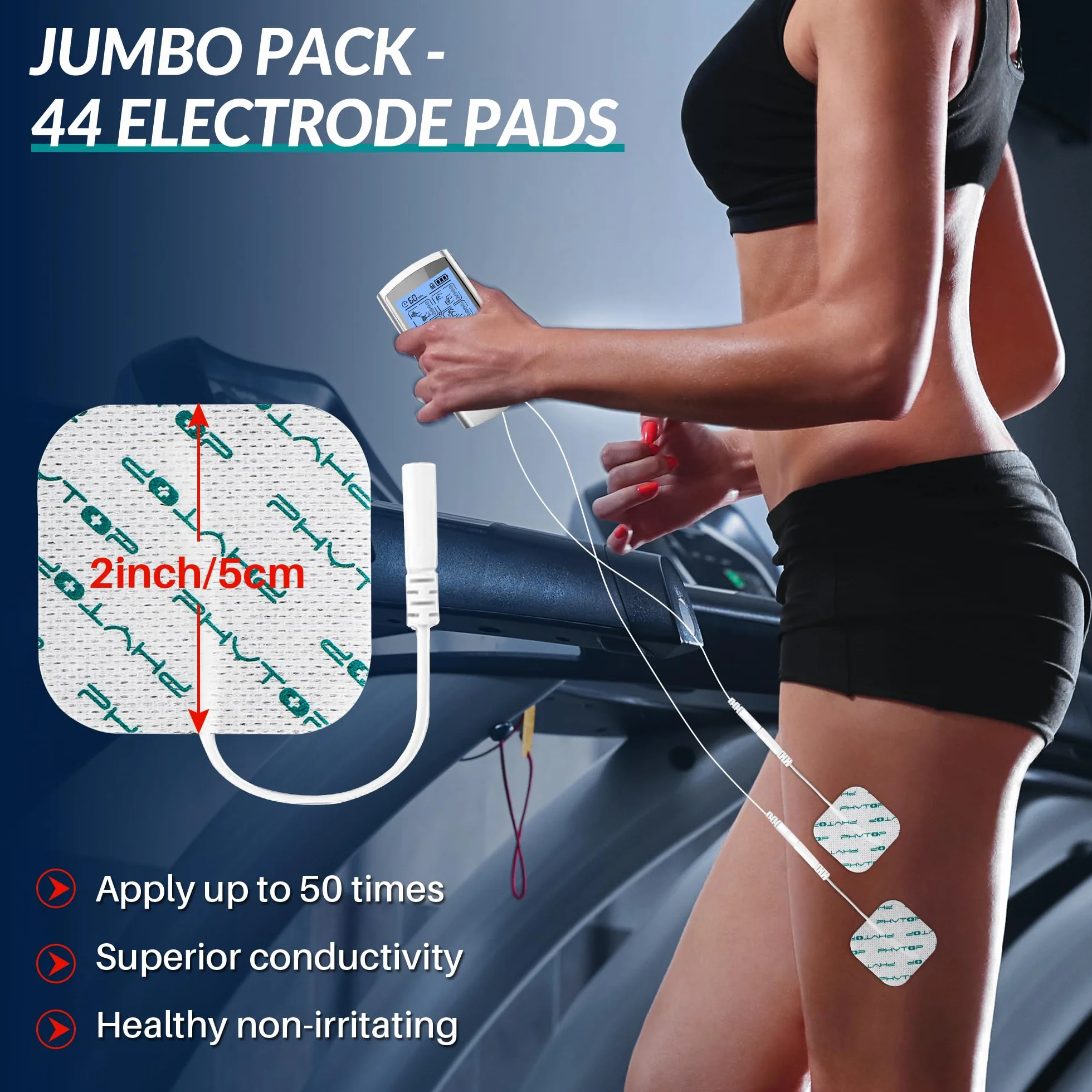 Electrodes Tens pour electrostimulateur 44 Pcs auto collantes et durables, tens électrodes carré pour les unités TENS EMS & Stimulateur musculaire