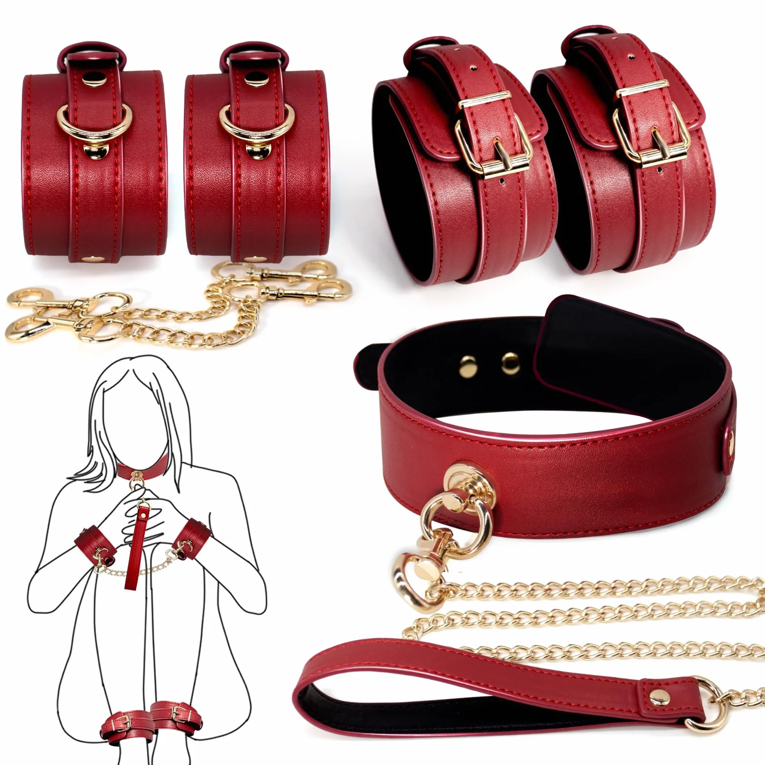Sex Toýs Femme Couple BDSM Bondage pour Lit Menottes Poignet & Cheville Réglables en Cuir avec Collier et Laisse SM Kits,Menottes Sex Lit pour Jeux Sexuels Couple