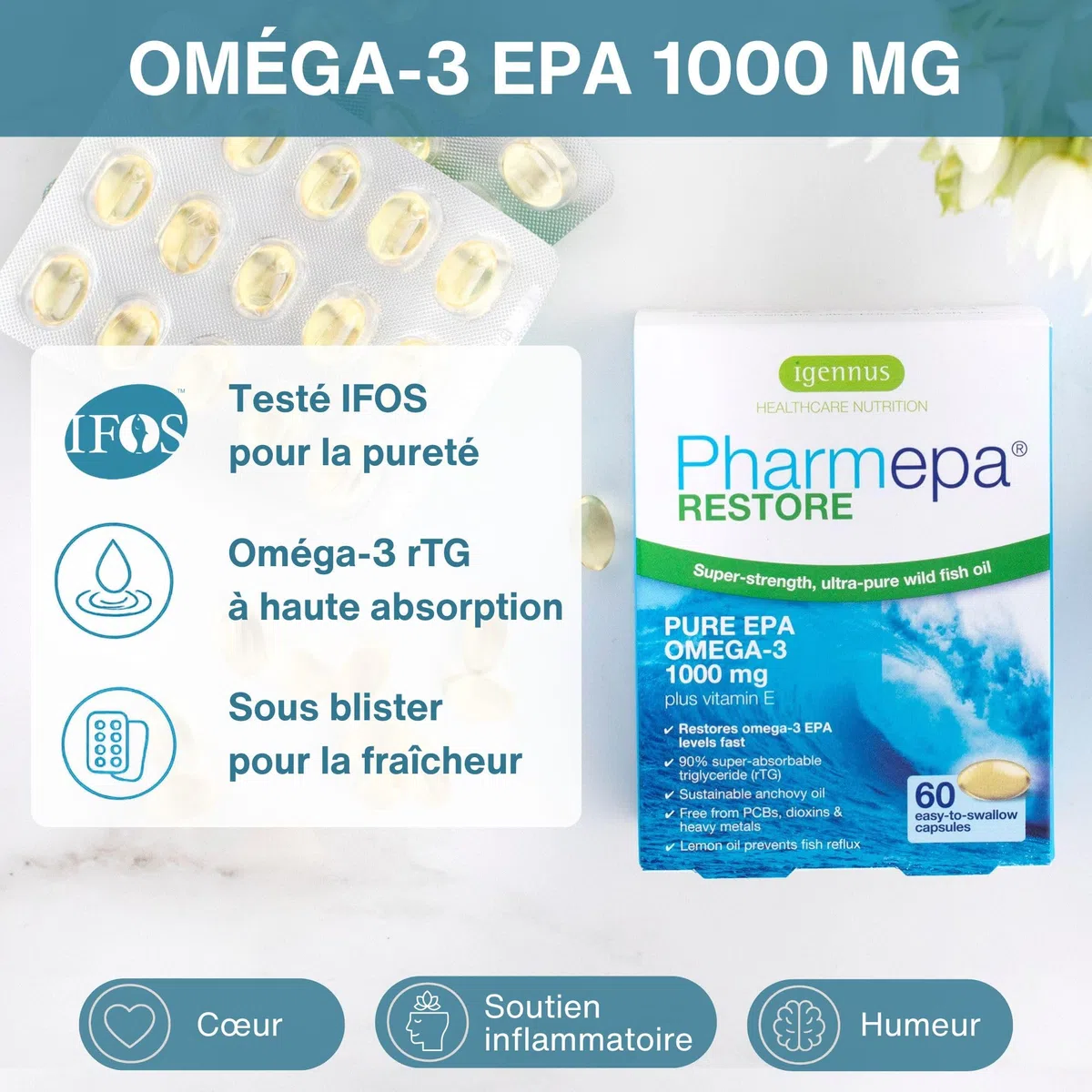 Pharmepa RESTORE Oméga 3 EPA 1000 mg, Concentré à 90%, forme rTG, Huile de Poisson Sauvage Ultra Pure, 60 capsules, Certifié IFOS, Goût Naturel de Citron - par Igennus