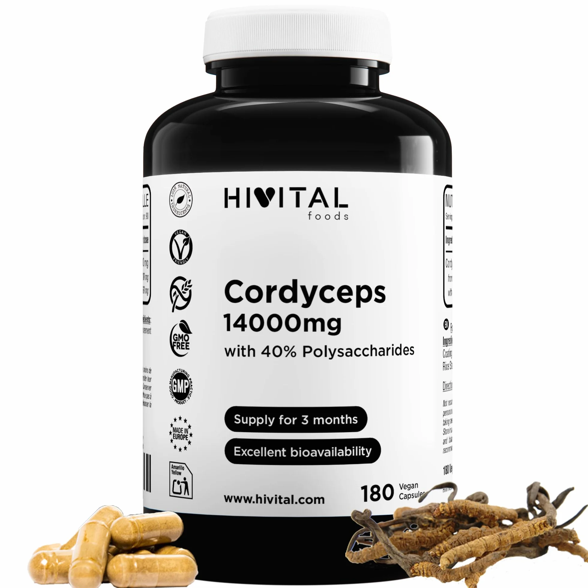 Cordyceps 14000 mg. 180 gélules végétaliennes pour 3 mois de traitement. Cordyceps Sinensis CS-4 avec 40% de polysaccharides. Extrait Naturel de Champignon Cordyceps. Fabriqué en Europe par HIVITAL