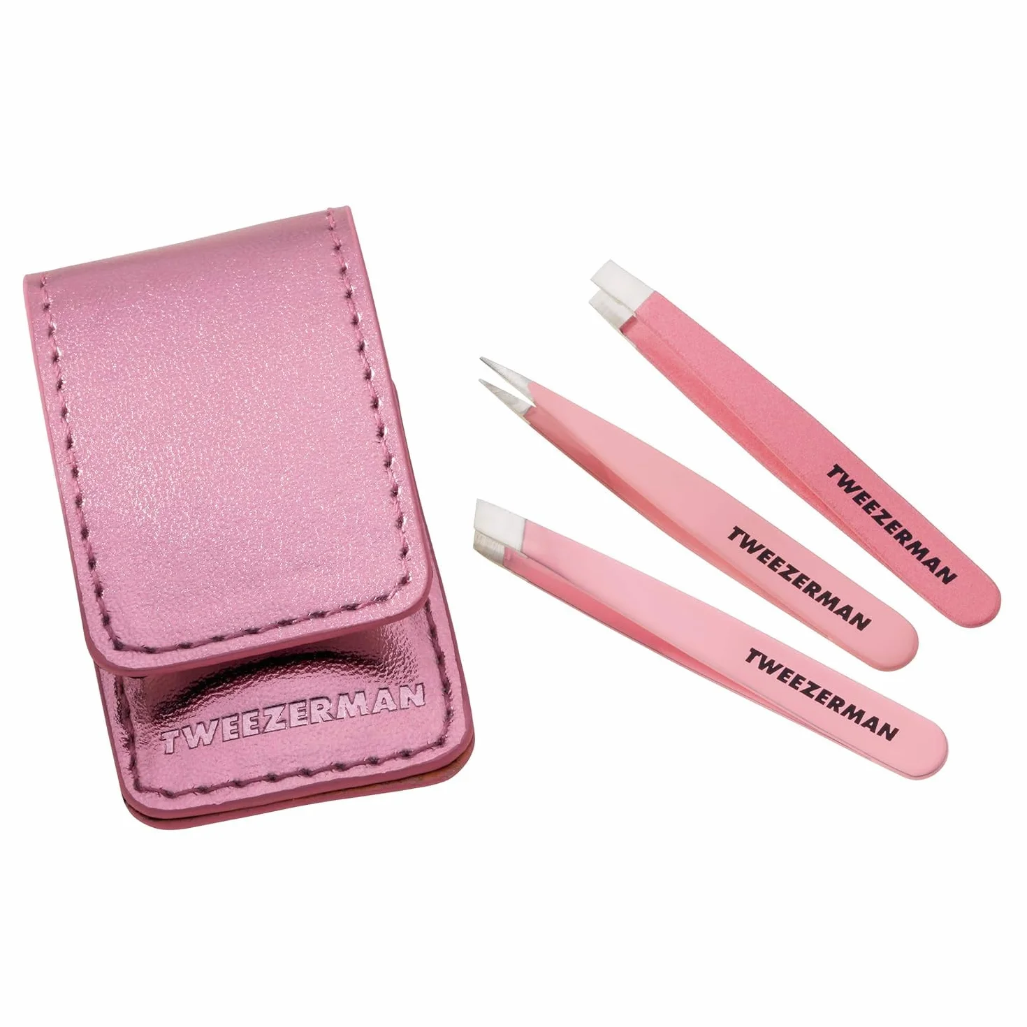TWEEZERMAN Micro Mini kit de pince à épilers (3 pièces, taille voyage pour épiler les sourcils, pointe droite, biseautée et de précision), Rose