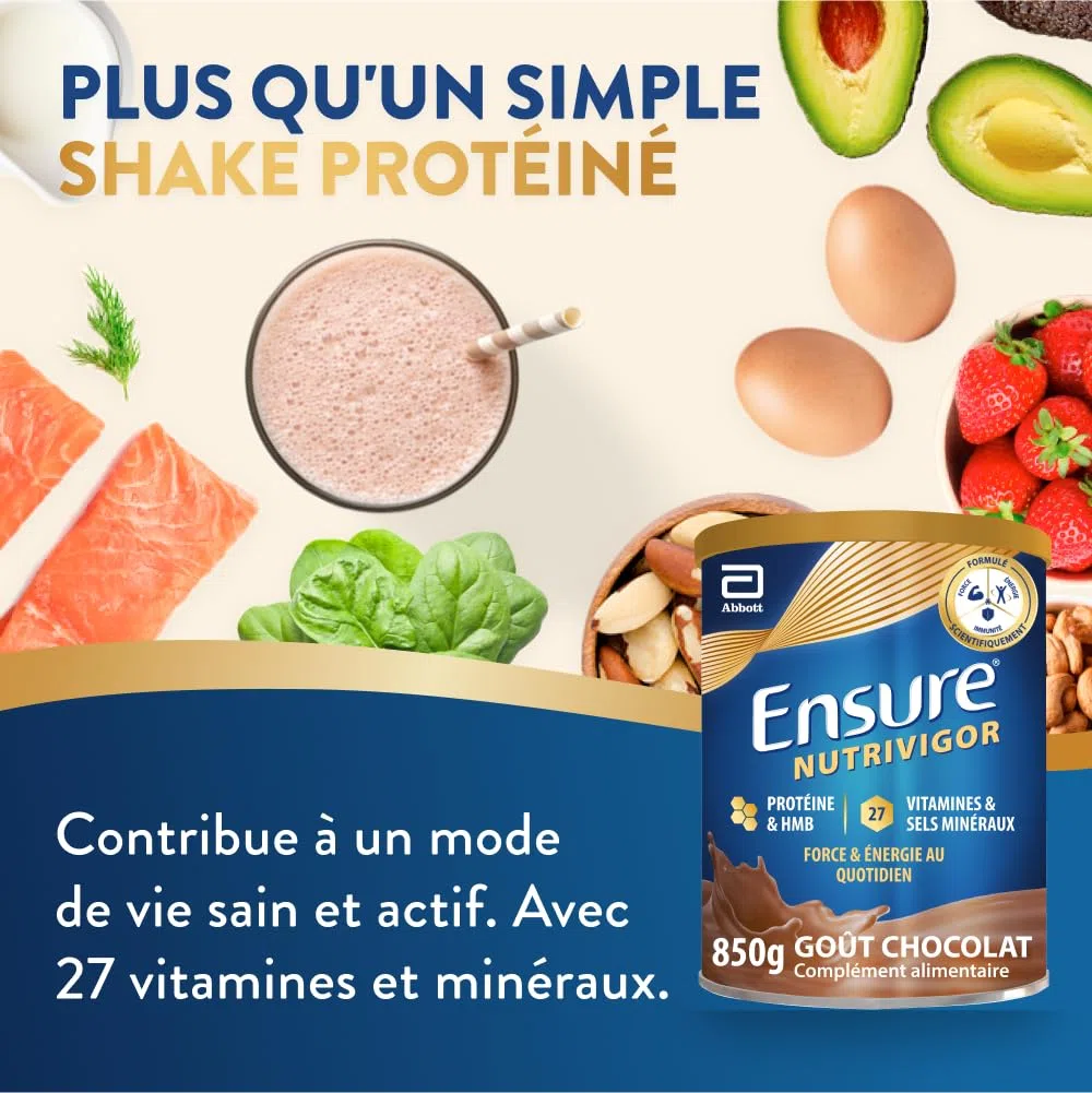 Ensure NutriVigor - Complément alimentaire avec protéines, 27 vitamines et minéraux et HMB - Pour une alimentation saine et équilibrée - Chocolat - 1 x 850 g