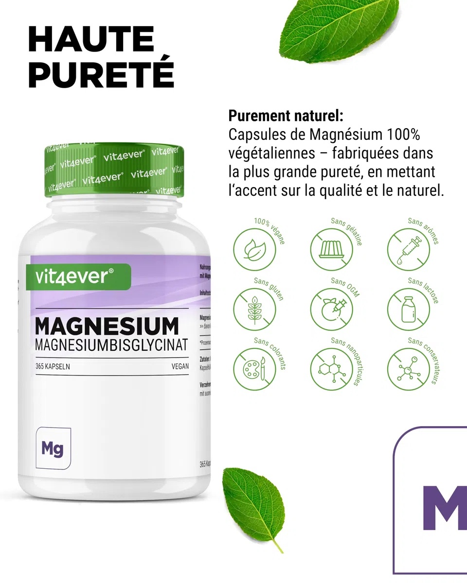 Bisglycinate de Magnésium - 365 Gélules - 300 mg de Magnésium Elémentaire par Dose journalière - Premium : Magnésium Chélaté - Vegan - Hautement Dosé