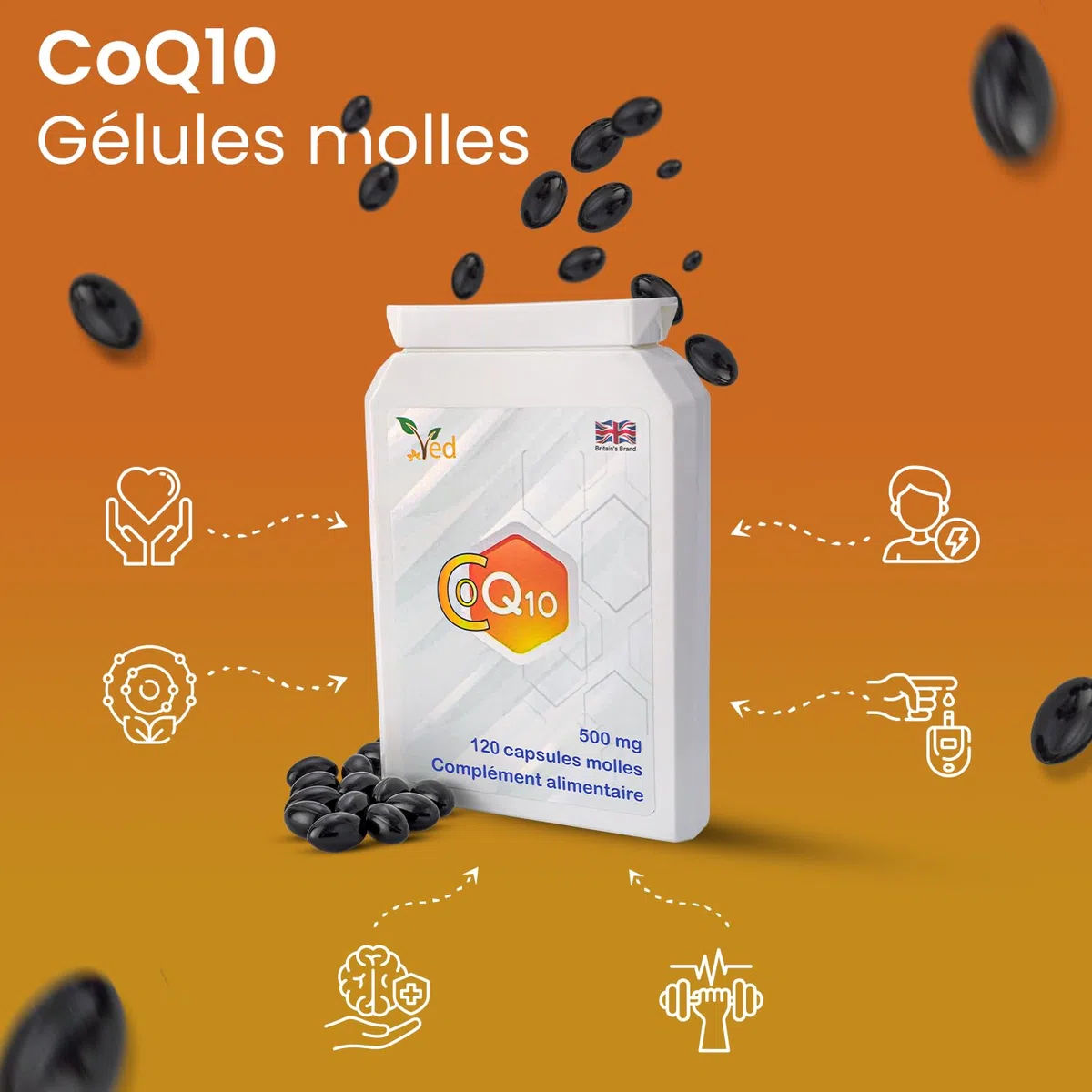CoQ10 de Ved 500mg | CoEnzyme Q10 | La plus haute résistance | Coenzyme d'ubiquinone naturellement fermentée | Formule naturelle supérieure | 500 mg 120 gélules | 4 mois d'approvisionnement