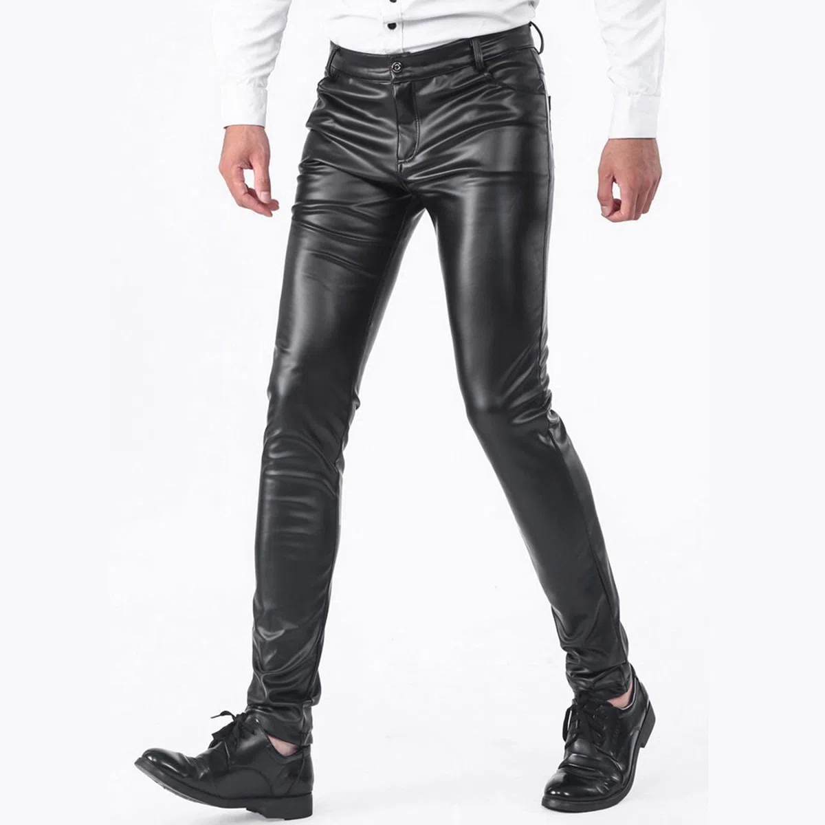 Pantalon en cuir pour homme - Noir - Sexy - En latex - Pour homme - Style punk stretch - Décontracté - Effet mouillé - Coupe ajustée - Pour les loisirs