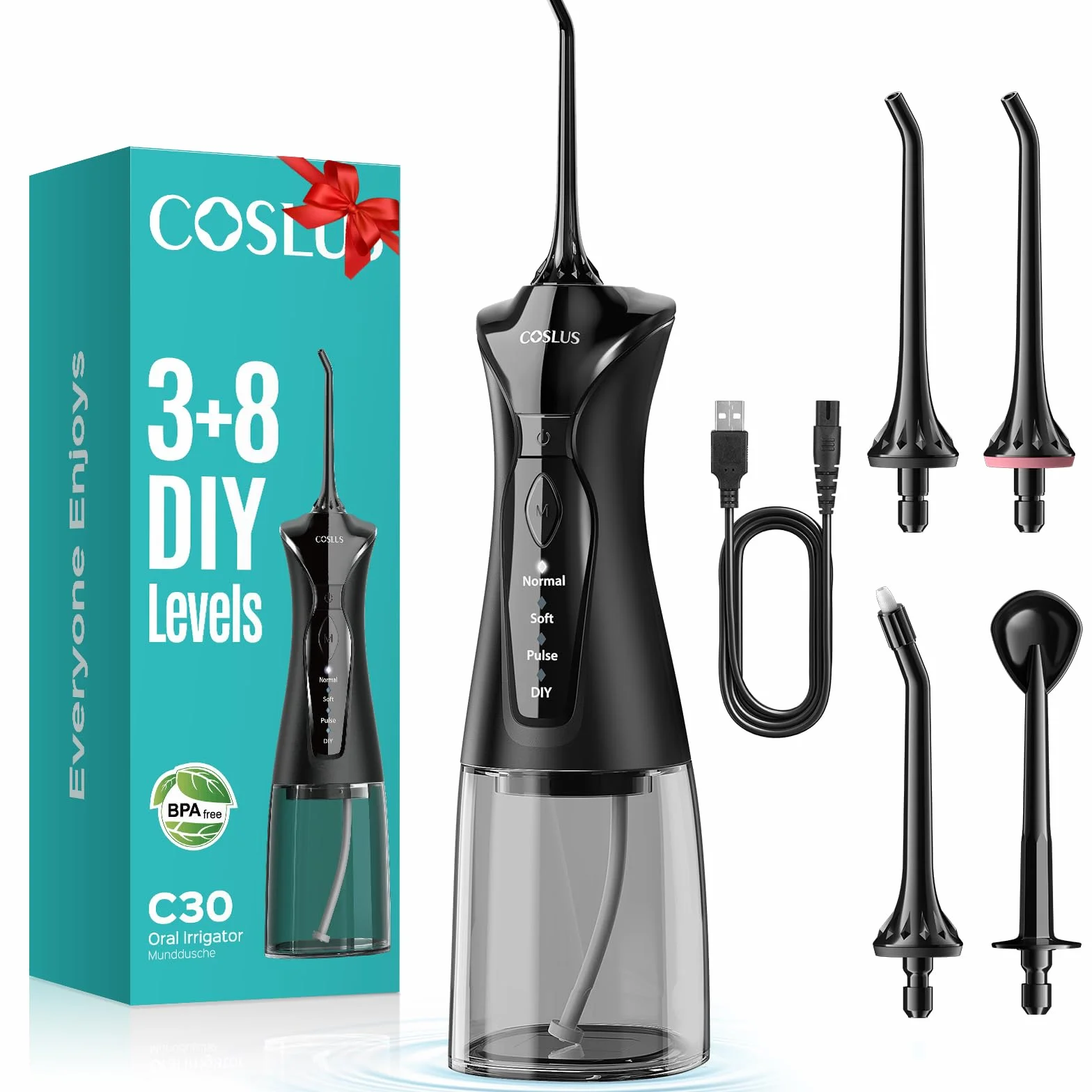 COSLUS Hydropulseur jet Dentaire Portable: 4 Modes Hydropulseur et Irrigateurs Oral, Réservoir d'eau 300 ml Vainqueur du Test, Rechargeable et Étanche IPX7, Noir Brillant, C30