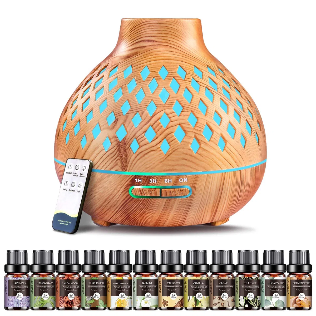 AESHORY Diffuseur d'huiles Essentielles 550ML, Diffuseur de Parfum avec 12x5ML Huiles Essentielles, Humidificateur Ultrasonique avec 7 Couleurs Lumières LED, Arrêt Automatique, pour Maison, Yoga, Spa