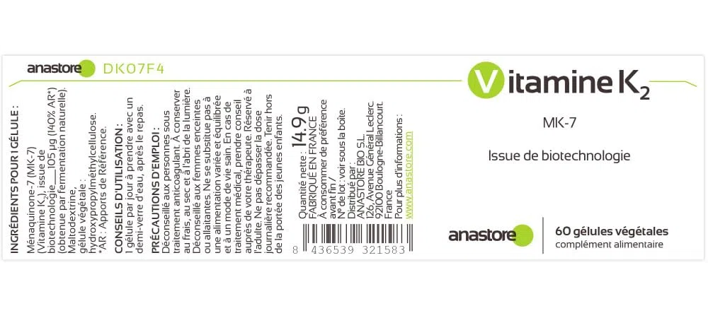 VITAMINE K2 * PACK 3+1 GRATUIT * 105 μg / 240 gélules * Articulations (cartilage, inflammation), Capital osseux, Cardiovasculaire (circulation)