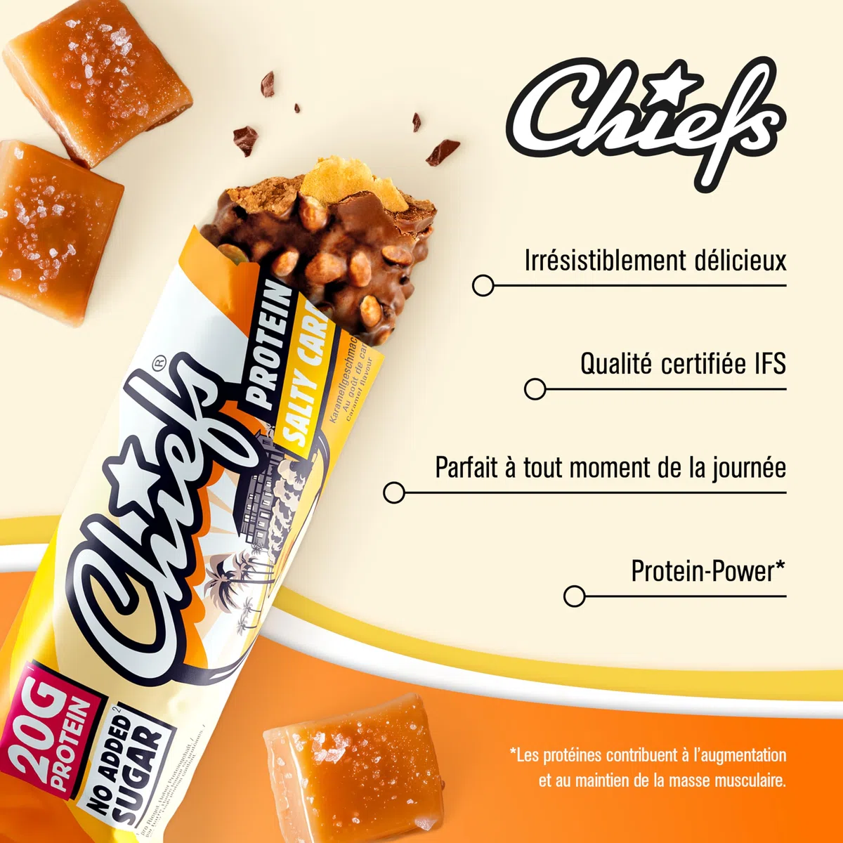 Chiefs Protein Bar (Salty Caramel) • Barre protéinée premium avec 20g de protéines & 214 kcal par barre • Sans sucre ajouté • Barre protéinée low sugar • Goût de Salty Caramel • Pack de 12 (12 x 55g)