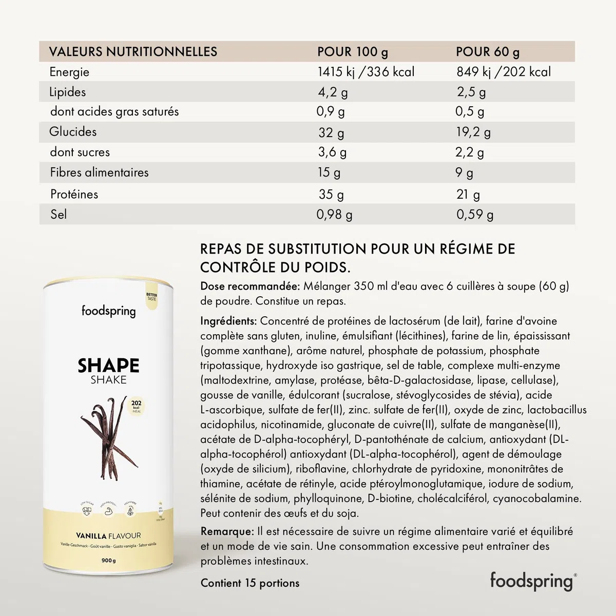 foodspring Shape Shake Vanille - Substitut de repas complet pour le contrôle du poids avec des protéines de qualité supérieure, 202 kcal par portion, sans gluten - nouvelle recette (900g)