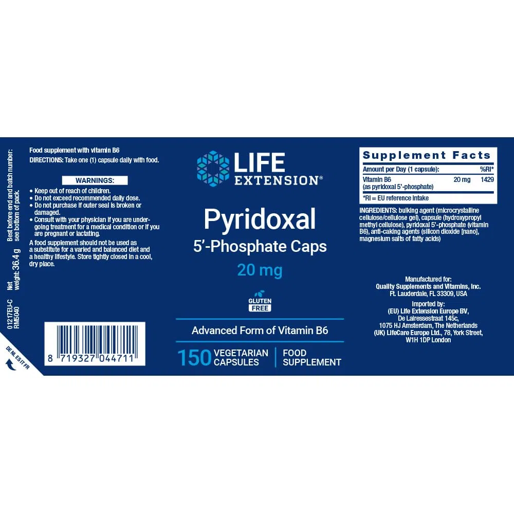 Life Extension - Pyridoxal 5'-Phosphate 20 mg, 150 Gélules Végétariennes – Soutient le Système Nerveux, le Métabolisme Énergétique, le Métabolisme du Glycogène et la Santé Cardiaque