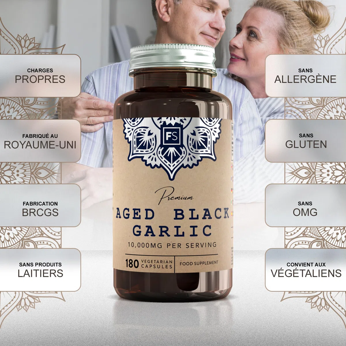 FS Ail Noir Vieilli | 180 Capsules d'ail Noir Inodore Haute Résistance - 10,000mg D'extrait D'ail par Capsule | Sans OGM, Sans Gluten et Sans Allergène | Fabriqué au Royaume-Uni