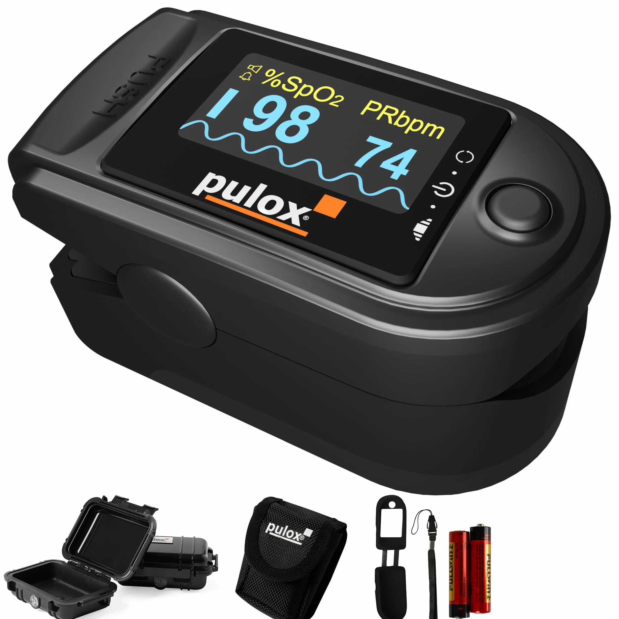 Pulox PO-200A Oxymètre de pouls avec alarme, son du pouls et set d'accessoires pour la mesure de SpO2, pouls et IP