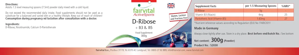 fairvital D-ribose en poudre, avec vitamine B3 (niacine) et B5 (acide pantothénique), Active Sports, VÉGÉTALIEN, 300 g