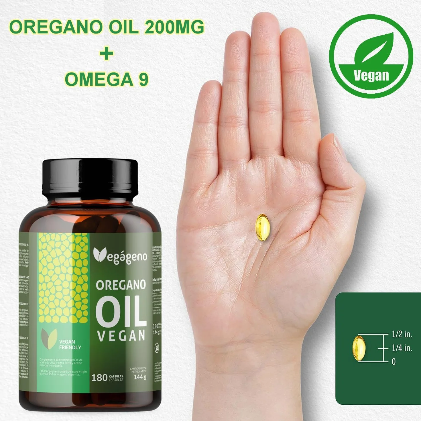 VEGAGENO - Huile Essentielle Origan | 180 Gélules Végétales, Complément Alimentaire à L'huile D'olive Extra Vierge et à L'huile Essentielle D'origan avec Oméga 9 et Carvacrol | Oregano Oil