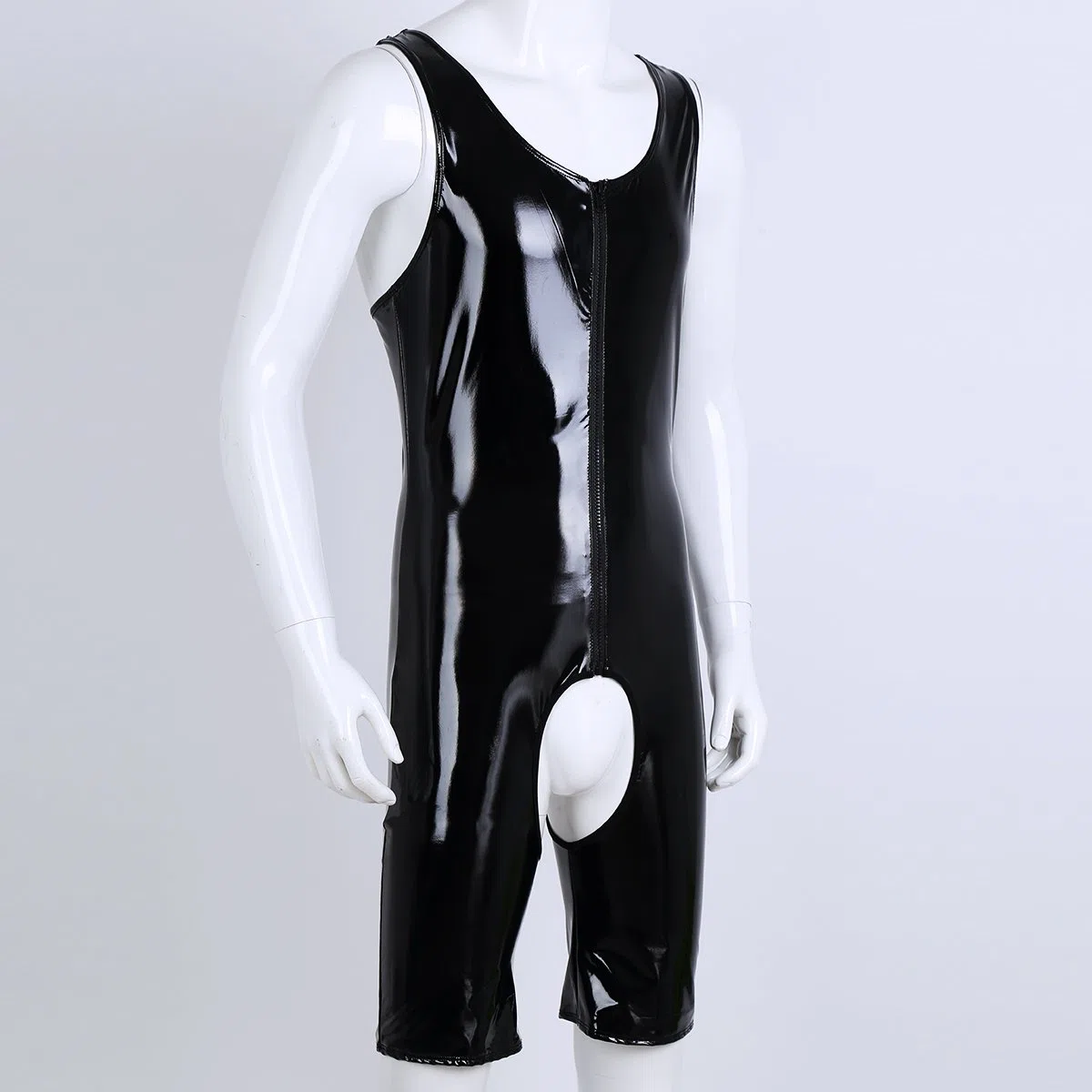 ranrann Body Homme Sexy Ouvert Bodysuit Cuir Verni Combinaison Maillot de Corps Wetlook Lingerie Erotique Jumpsuit Vêtements de Nuit Clubwear M-4XL