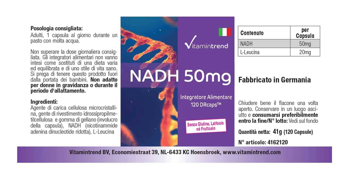Vitamintrend NADH hautement dosé 50 mg, 120 capsules, facile à avaler, DRcaps à libération retardée, complément alimentaire végan sans additifs, fabriqué en Allemagne