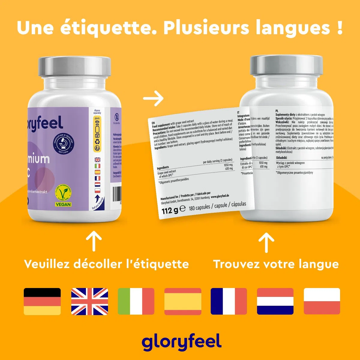 OPC Extrait de Pépin de Raisin Français 1050mg, Teneur HPLC Très Élevée, 630 mg d'OPC Pur Par Jour, 180 Capsules, 100% Naturel, Végétalien, Qualité Premium, Testé en Laboratoire