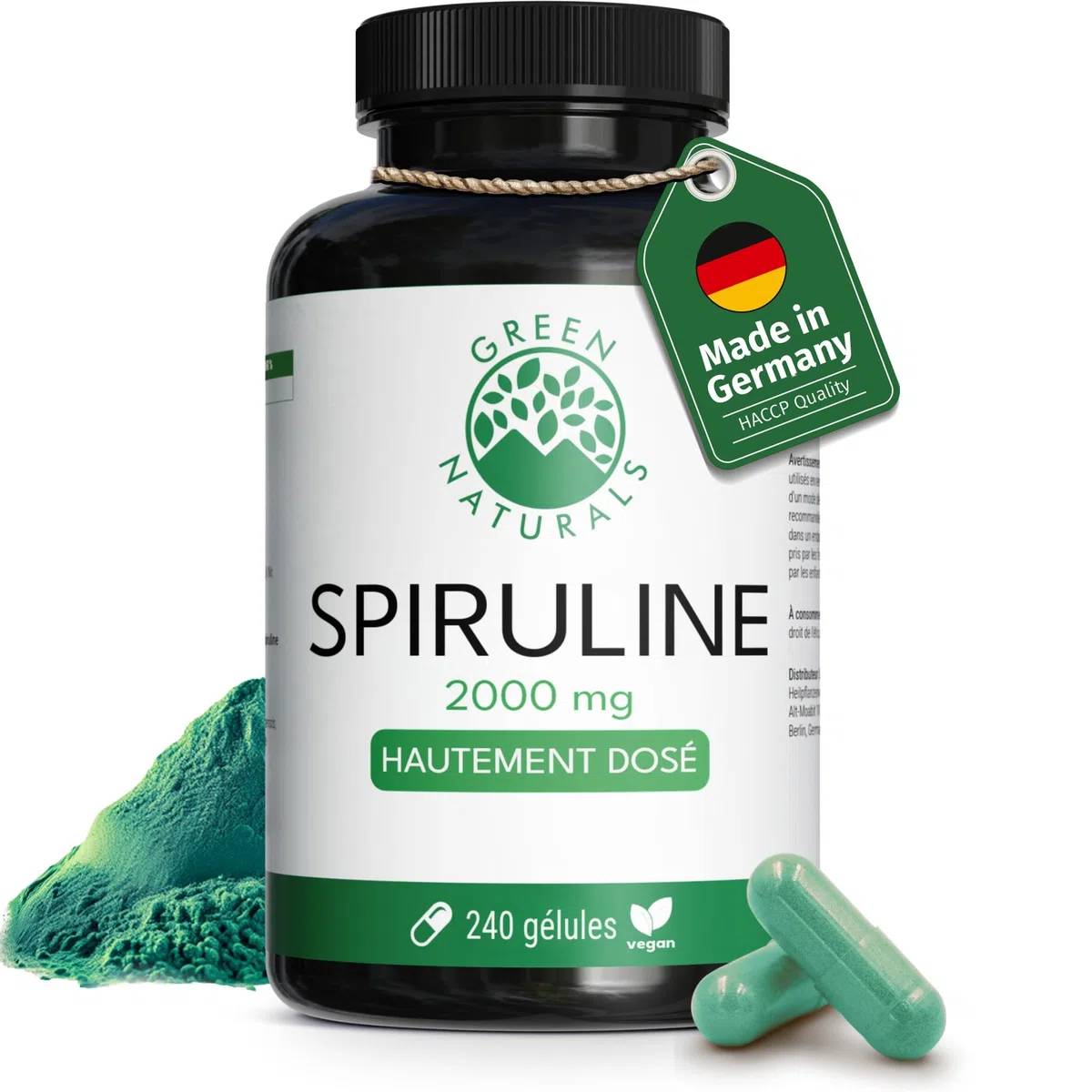 Green Naturals Spiruline 2 000 mg par jour – 240 gélules | Arthrospira platensis · Poudre pure · Vegan · Cure de 2 mois · Testé en laboratoire