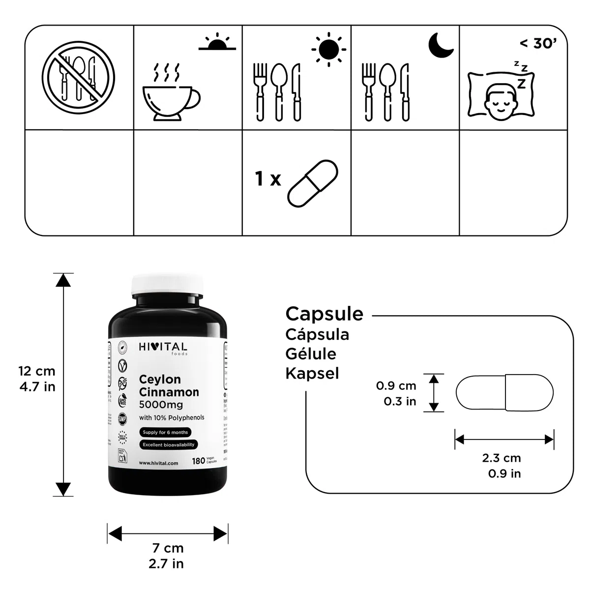 Cannelle de Ceylan 5000 mg. 180 gélules vegan pour 6 mois de traitement. Extrait Naturel de bâton de Cannelle (Cinnamomum Zeylanicum) avec 10% de Polyphénols. Fabriqué en Europe par HIVITAL