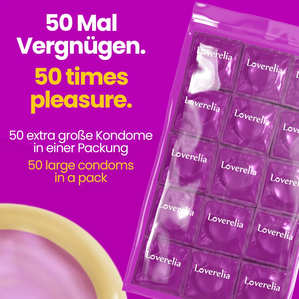 Préservatifs Loverelia "Extra Large" - plus d'espace et de confort - Ø 56 mm - ajustement parfait - latex de caoutchouc naturel - végétalien - réel au toucher - paquet de 100 (2 x 50 pièces)