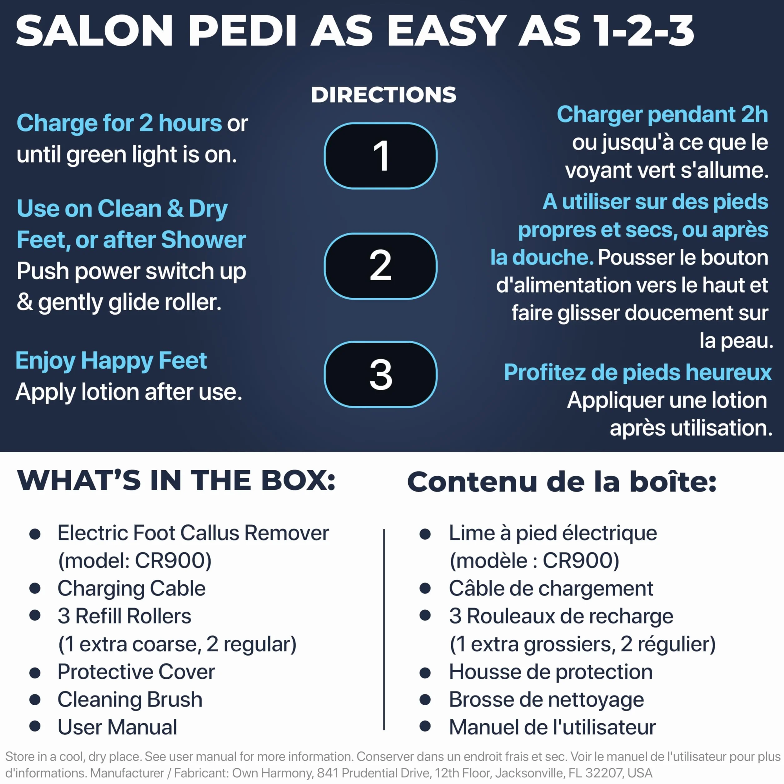 Rapeuse Pieds Electrique pour Hommes par Own Harmony - Rappe Pieds Pédicure Rechargeables et Soins des Pieds avec 3 Rouleaux - Kit Pedicure Professionnel pour Peau Morte, Sèche, Dure (Câble USB)