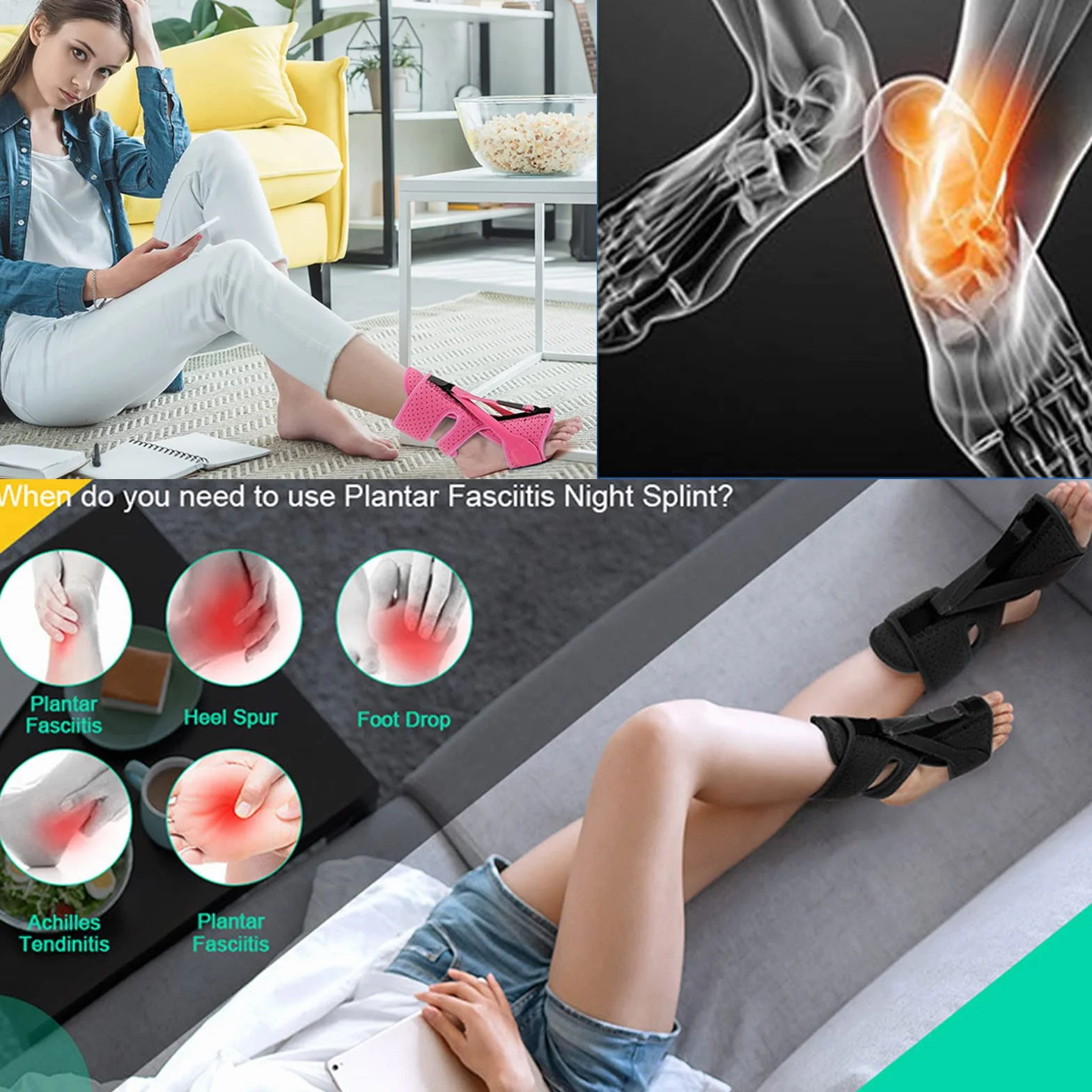 Attelle de Nuit Plantar Fasciitis, Nouveau Avec 3 Attelles Ajustables Pour Fasciite Plantaire,Support de Fasciite Plantaire Respirant pour Pieds Plats, Talons, Cheville (Rose)