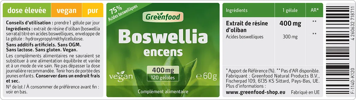 Greenfood Boswellia Encens, 400 mg, dose élevée, 120 gélules - Sans additifs artificiels. Sans génie génétique. Vegan.