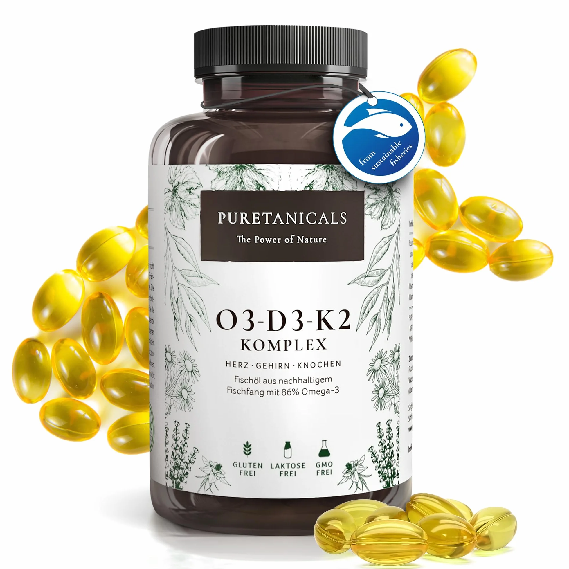 Oméga 3 + Vitamine D3 + K2 MK7 All-Trans - Premium Essentiels O3-D3-K2 Complexe à Haut Dosage - Huile de Poisson aux Acides Gras EPA & DHA, Vit D3 K2 | Omega3 Gouttes | 240 Gélules