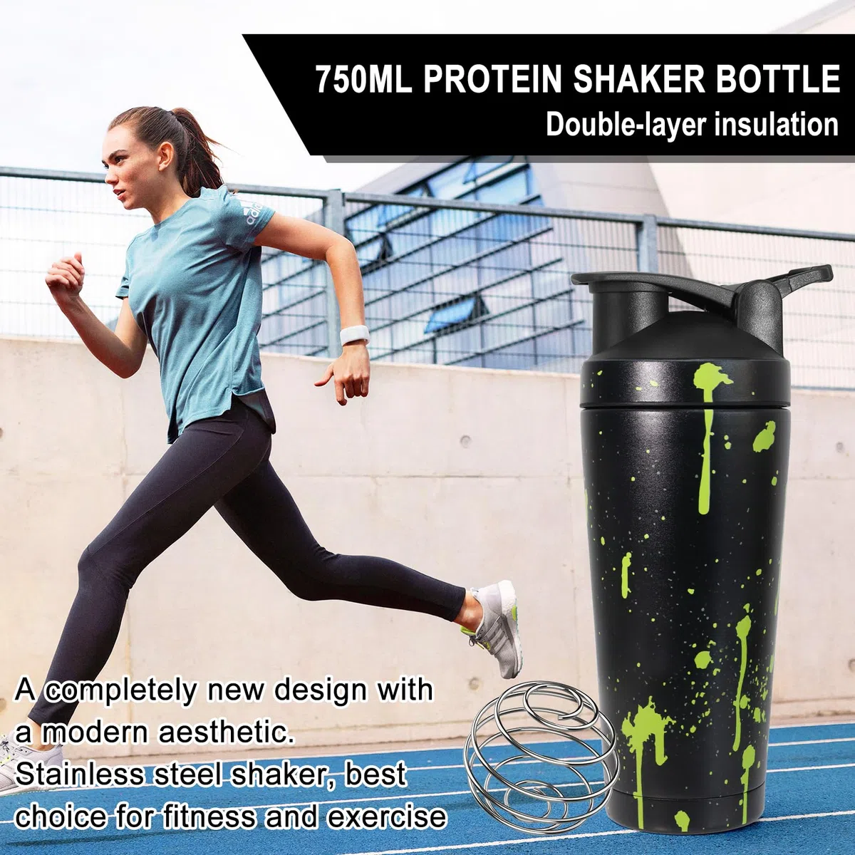 750ml Shaker Proteine, Shaker Proteine Inox, avec Boule en Spirale, sans BPA, étanche, Facile à Nettoyer, inoxydable Protéines Bottle de protéines, Bottle de protéines Conservation de la chaleu - Noir