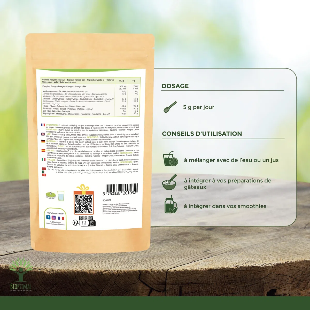 Spiruline Bleue Bio - Bioptimal - En Poudre - 30% Phycocyanine Blue 80% Protéines - Colorant Alimentaire Bleu Intense - Cuisine Recette - Contrôlé et Conditionné en France - Certifié Par Ecocert - 50g