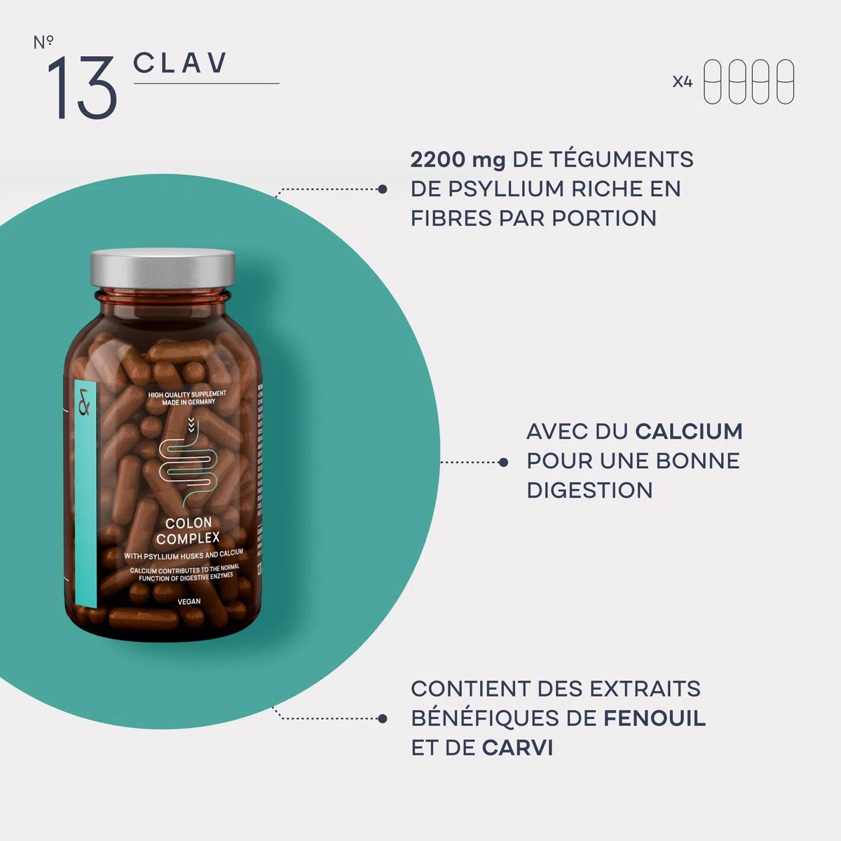 Psyllium Colon Complex - 2200mg Psyllium Blond par jour - Digestic Formule avec Calcium et Extrait de Cumin et de Fenouil - Digestion,Transit, Constipation, Confort Digestif - 120 Psyllium Gelules