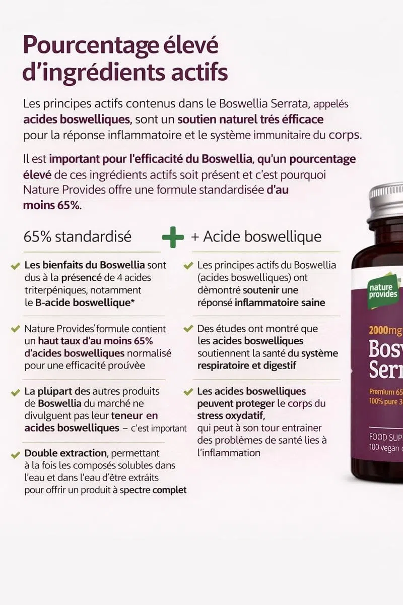Boswellia Serrata 2000 mg (extrait 5:1), 180 gélules véganes, 6 mois de cure, 65% acide boswellique, encens indien, soutien articulaire, anti-inflammatoire