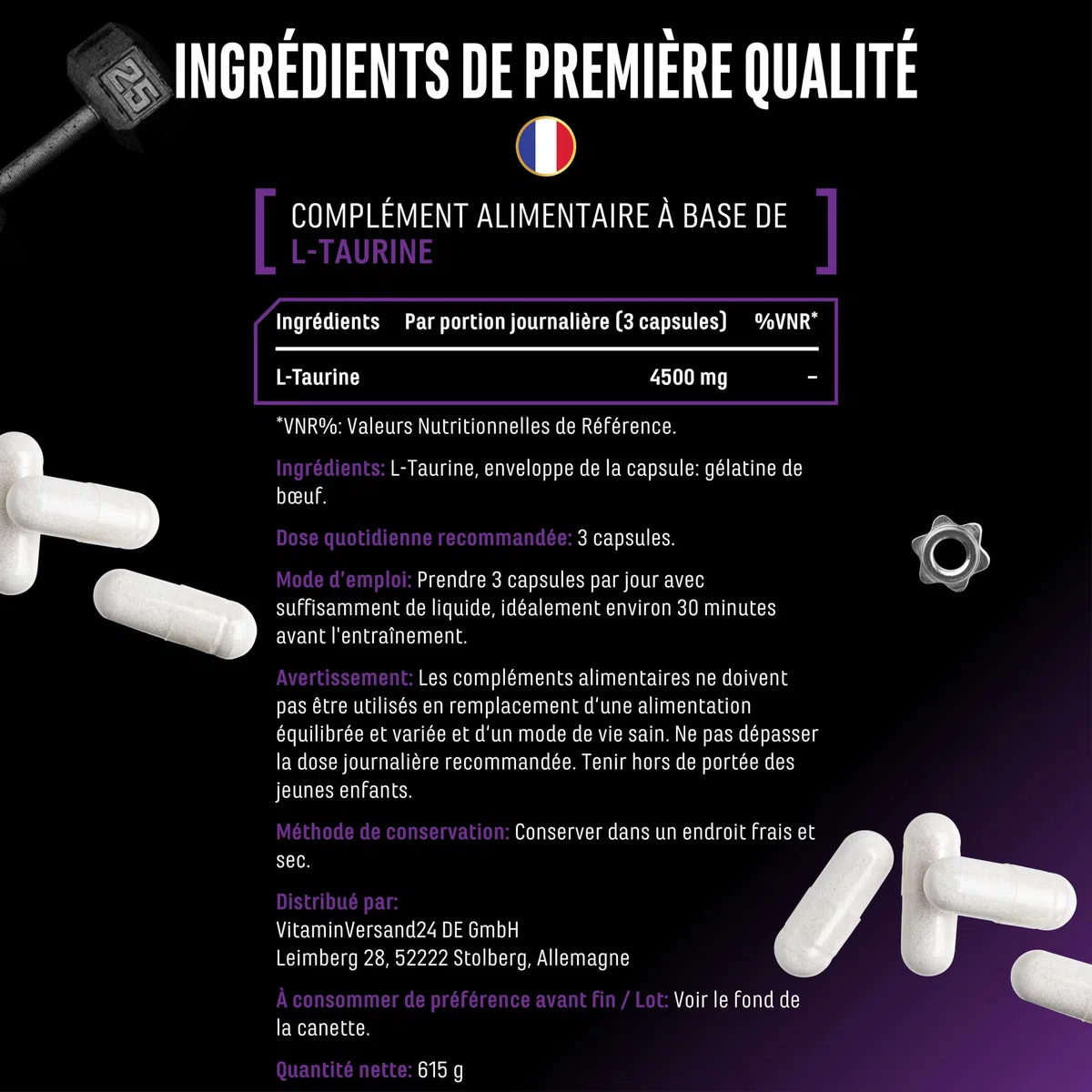 L-Taurin Ultra Caps - 365 capsules - Extra fortement dosé avec 1500 mg par capsule - Acide aminé taurine avec une pureté de 99% - Sans additif indésirable