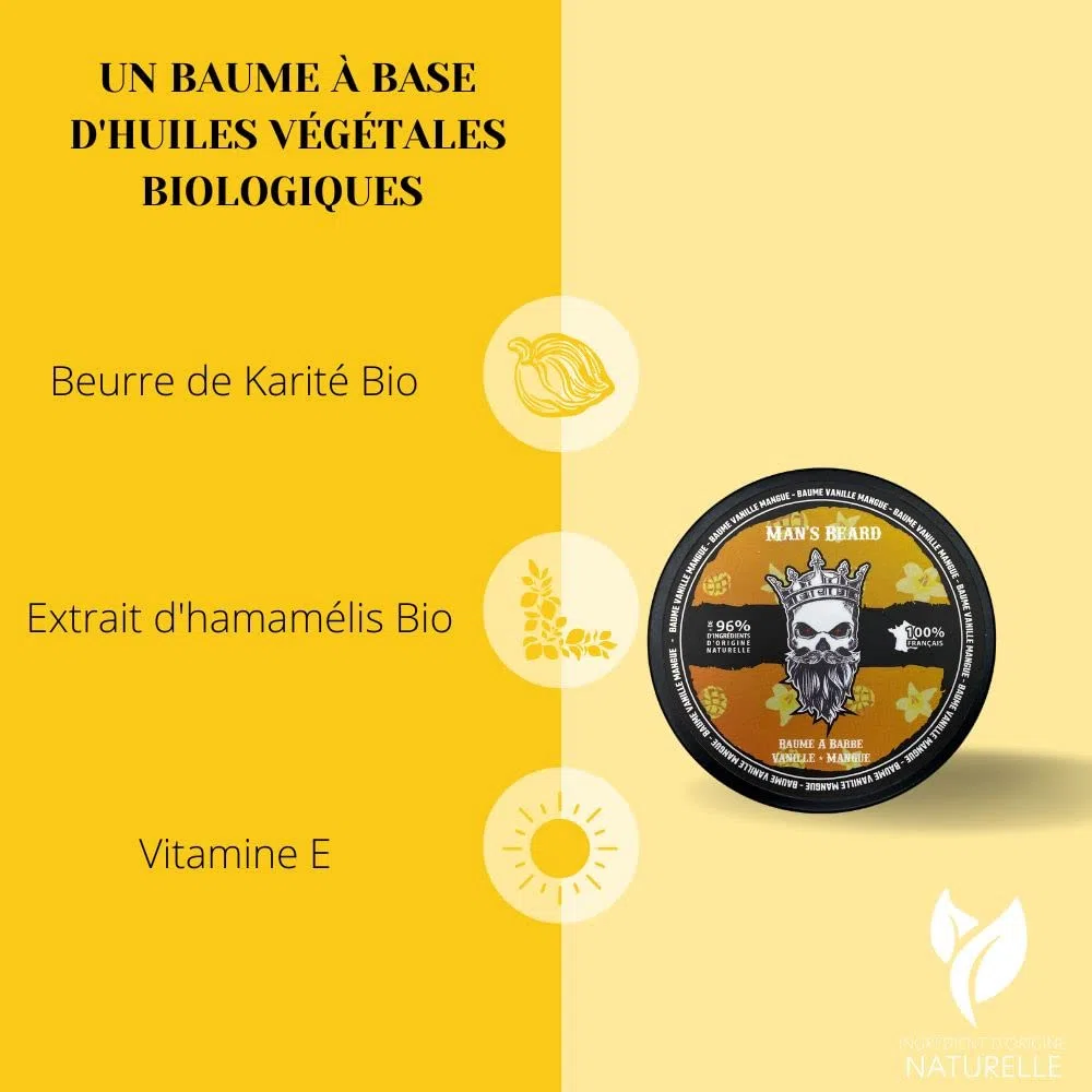Man's Beard | Baume à barbe homme | Vanille Mangue | Ingrédients d'origine naturelle | Soin de barbe adoucissant et aide à la pousse de la barbe | 100% Fabrication Française