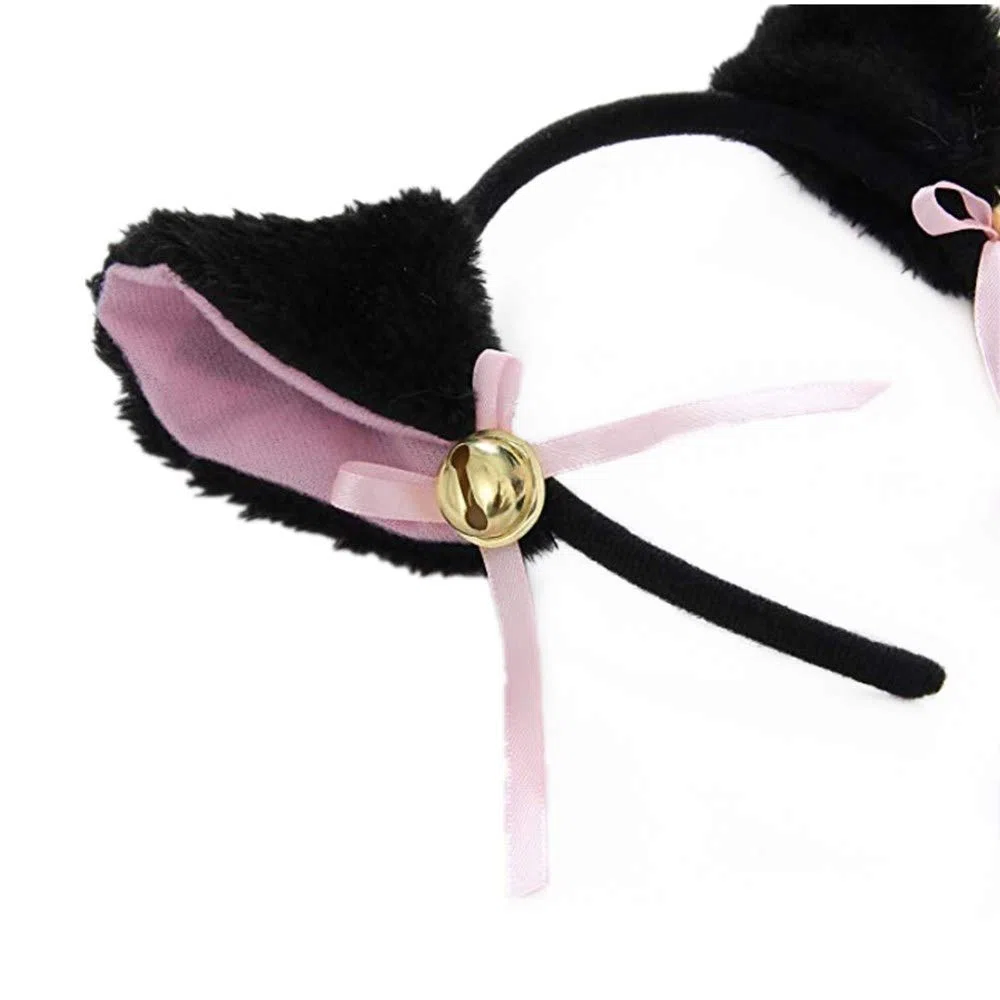 Ensemble de gants et oreilles de chat en peluche avec bandeau, queue (noir)