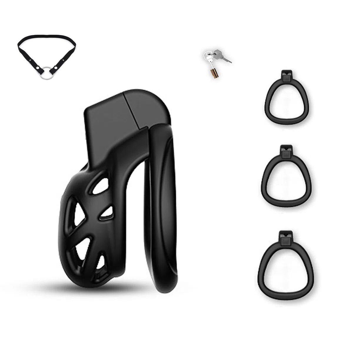 SeLgurFos Ceinture de chasteté 3D Set avec trois anneaux plus larges et ceinture Petite cage à pénis Chastity Cage avec urinoir Cage de chasteté SM Bondage sex toy pour hommes (XS)