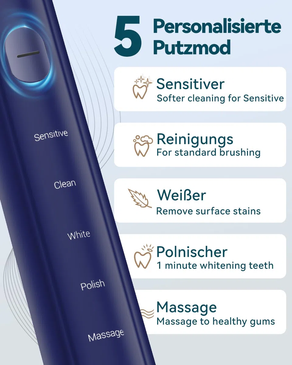 Brosse à dents électrique sonique pour adulte - Brosse à dents électrique à ultrasons avec étui de voyage et station de charge - Avec 8 têtes de brosse, 5 modes de brossage - 40 000 VPM