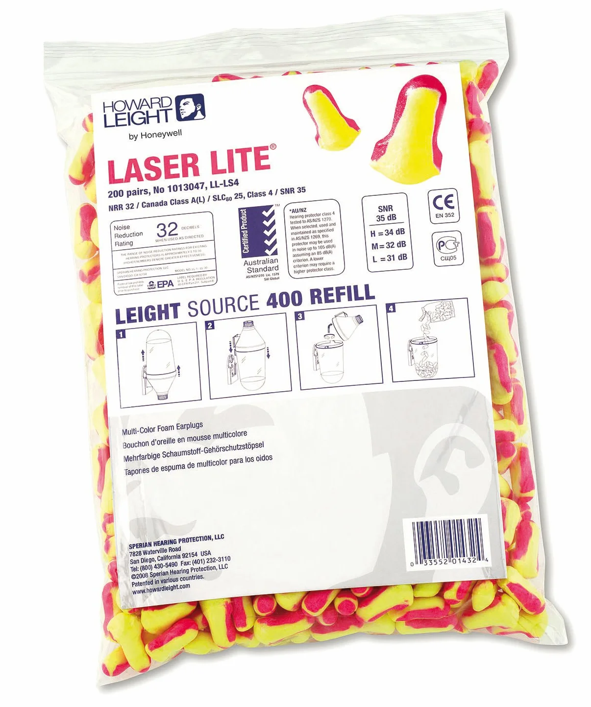 Howard Leight Laser-Lite Bouchons d'Oreille à Usage Unique en Polyuréthane, Taille Unique, Jaune et Rouge, T-Forme, SNR 35 dB, 1013047 (200 Paires)
