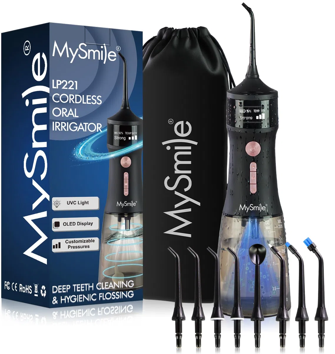 MySmile LP221 UVC Hydropulseur sans fil stérilisable pour les dents 335ML Écran OLED portable avec 4 modes, 8 embouts de jet et une pochette de rangement pour la maison et les voyages (Noir Minuit)