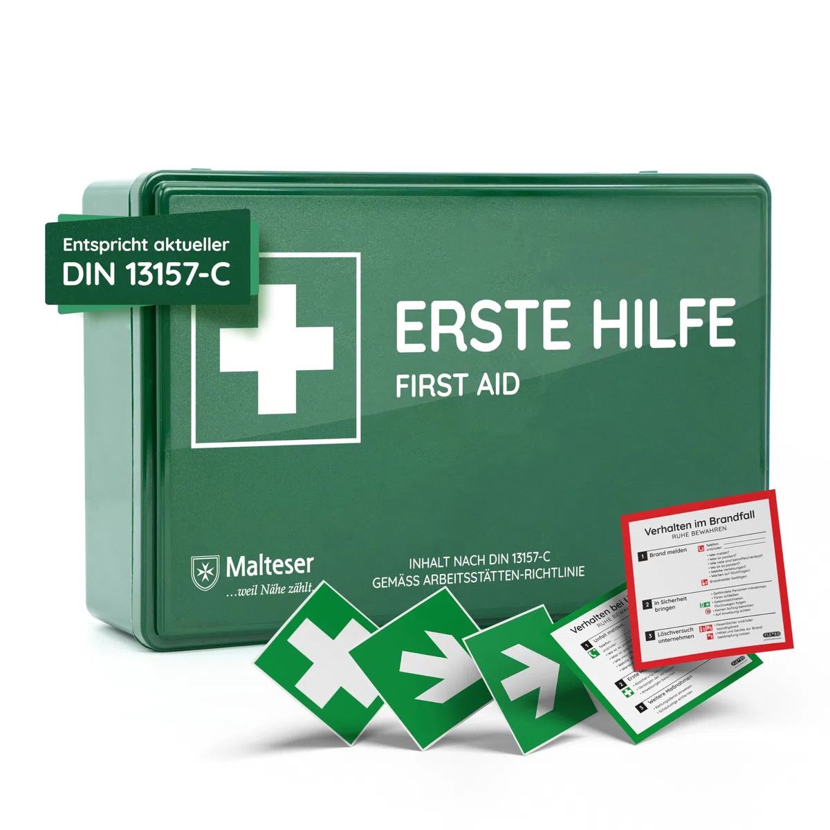 FLEXEO boîte de secours selon la norme DIN 13157:2021, avec support mural/montage mural, trousse de premiers secours d'entreprise/mallette de premiers soins pour entreprises, bureaux chantiers (Vert)