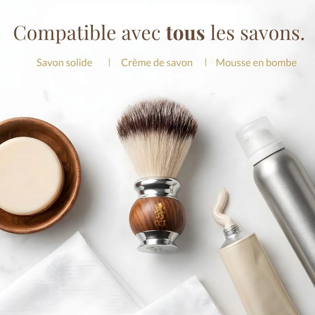 The Cambridge Cut Throat Blaireau Rasage de Haute Qualité pour Hommes en Bois et Acier Inoxydable, Poils Végétaliens Synthétiques