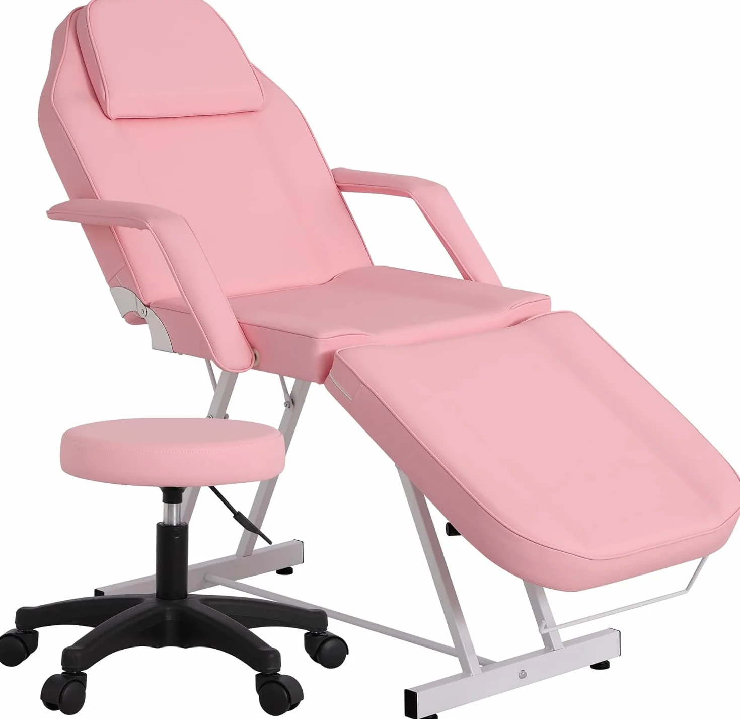 Table de Massage avec Tabouret Lit Massage Pliante 3 Zones Rose | en Cuir PU avec l’Appui-Tête Amovible Accoudoirs Réglables Lit Esthéticienne Physiothérapie, Tattoo