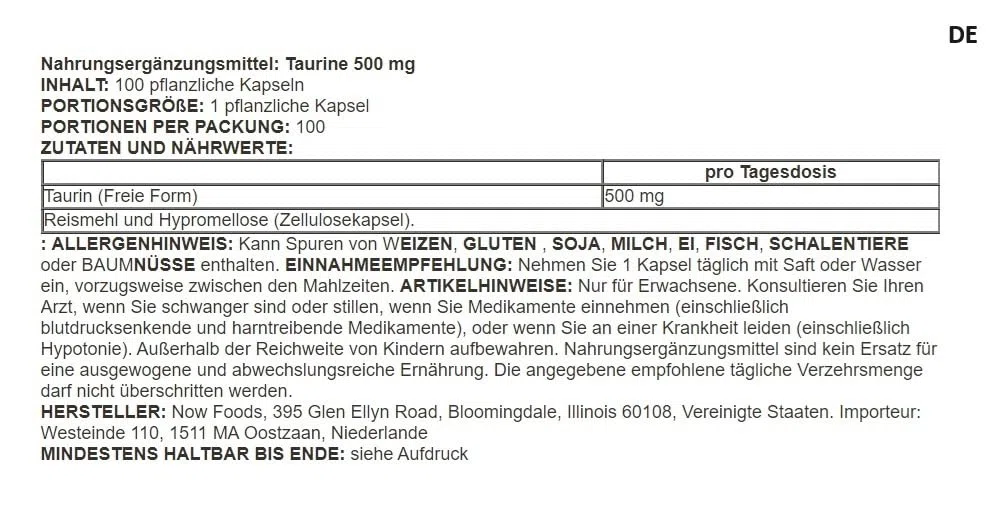 Now Foods - Taurine, 500mg | Acide Aminé pour le Soutien de la Santé Cardiaque et Énergétique - 100 Gélules